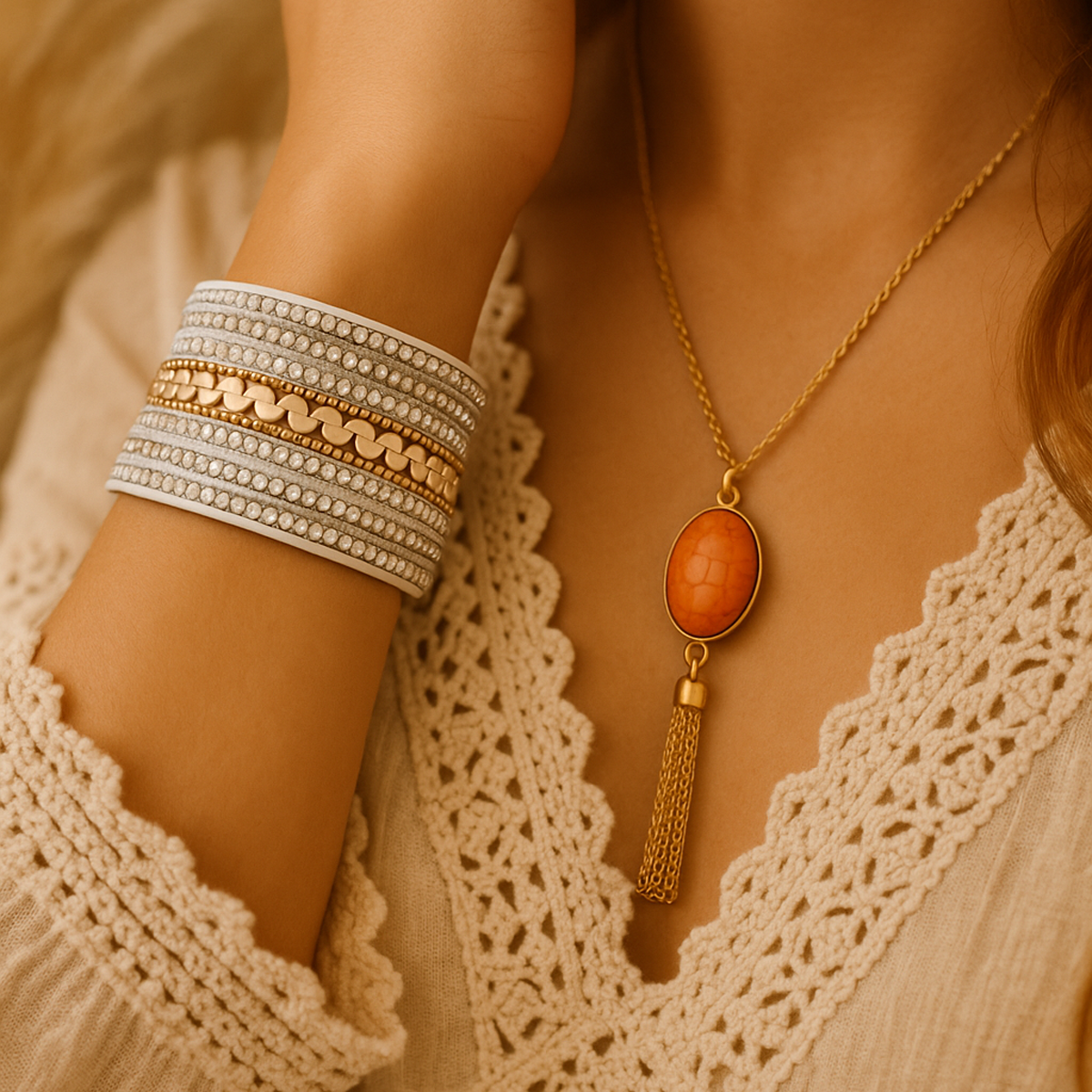 Laagjes van boho kettingen met hangers en natuursteen