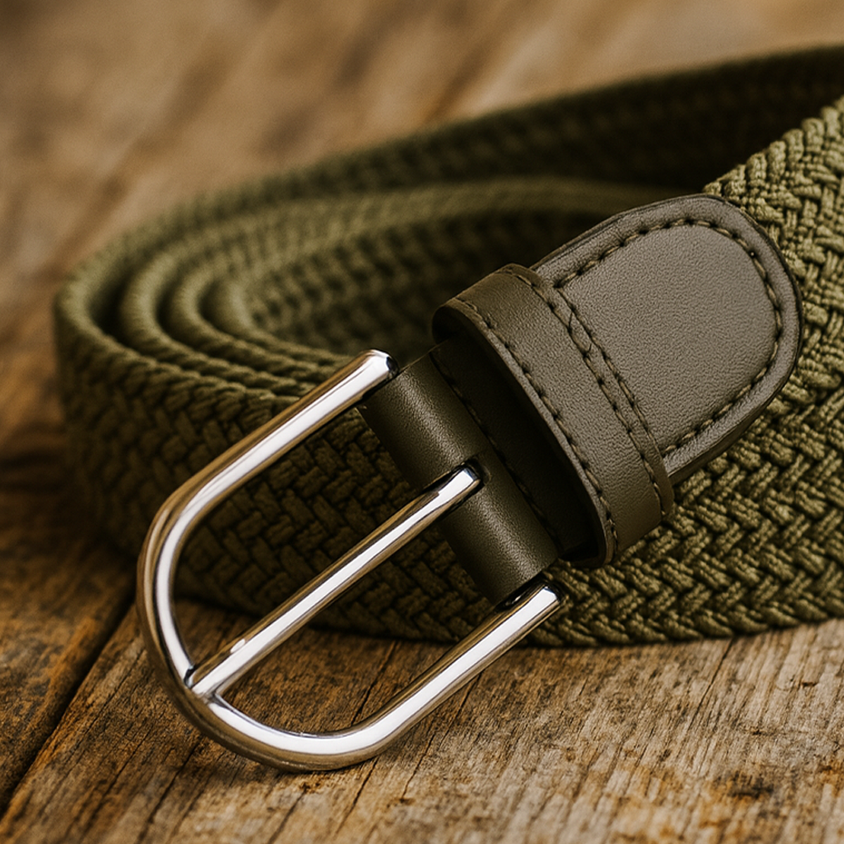 Close-up van een heren canvas riem met matte gesp in army green