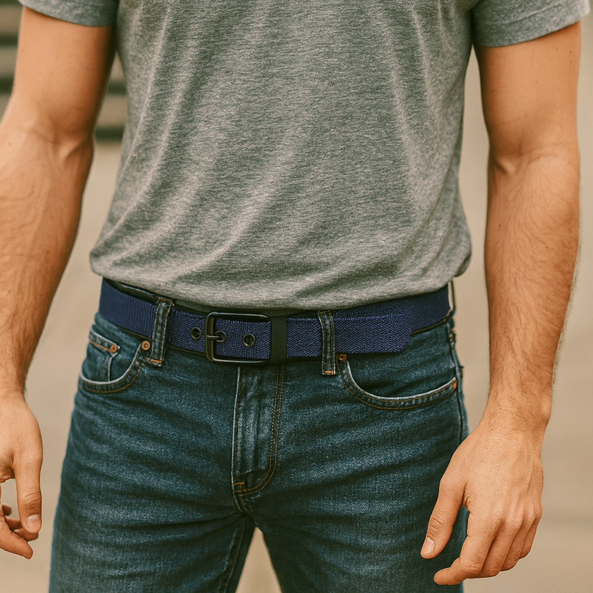 Set flatlay: zwarte canvas riem naast denim en witte sneakers
