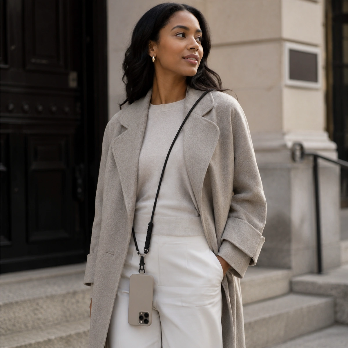 model draagt crossbody telefoonkoord aan neutraal telefoonhoesje in een stadse setting