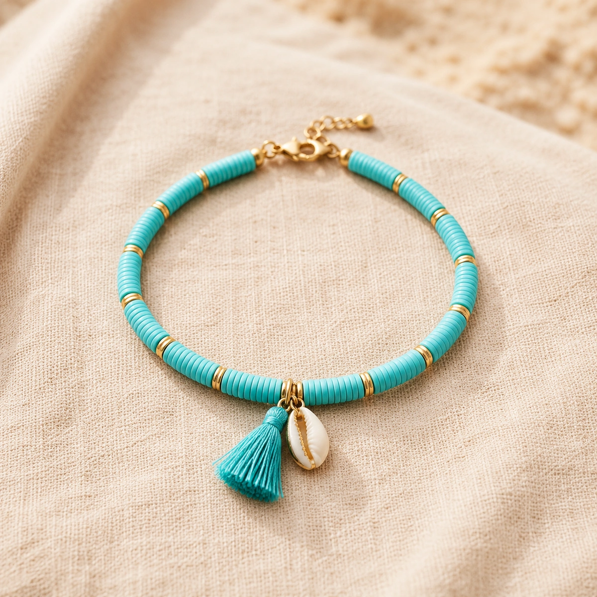 boho enkelband met kralen en schelpdetail op een rustige zandkleurige ondergrond