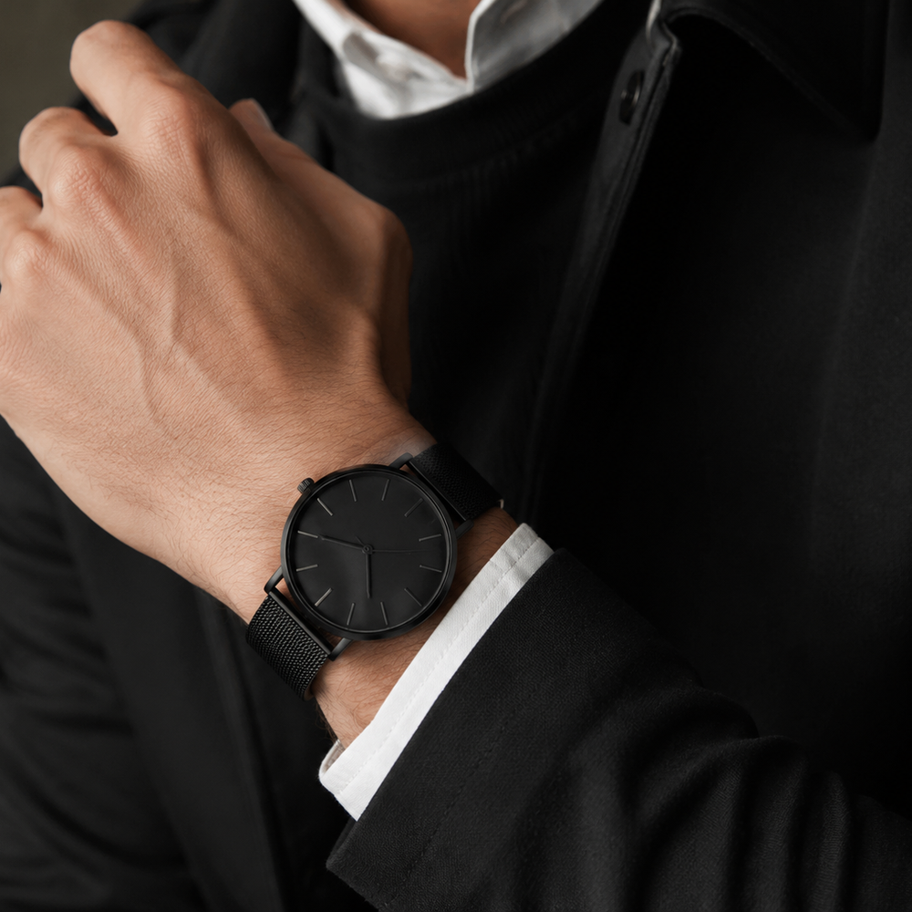Stijlvol herenhorloge met zwarte band als focuspunt van een moderne outfit