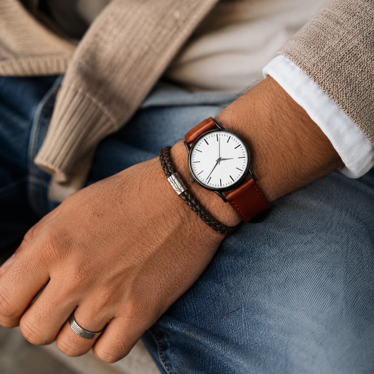 Herenhorloge gecombineerd met armband ring en casual outfitdetails