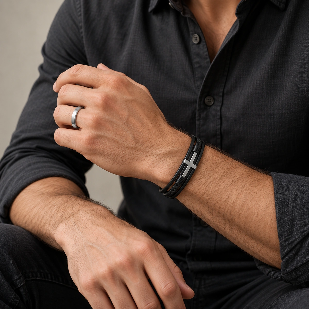 Man in een donker overhemd met een zwarte gevlochten leren armband en een zilverkleurige ring