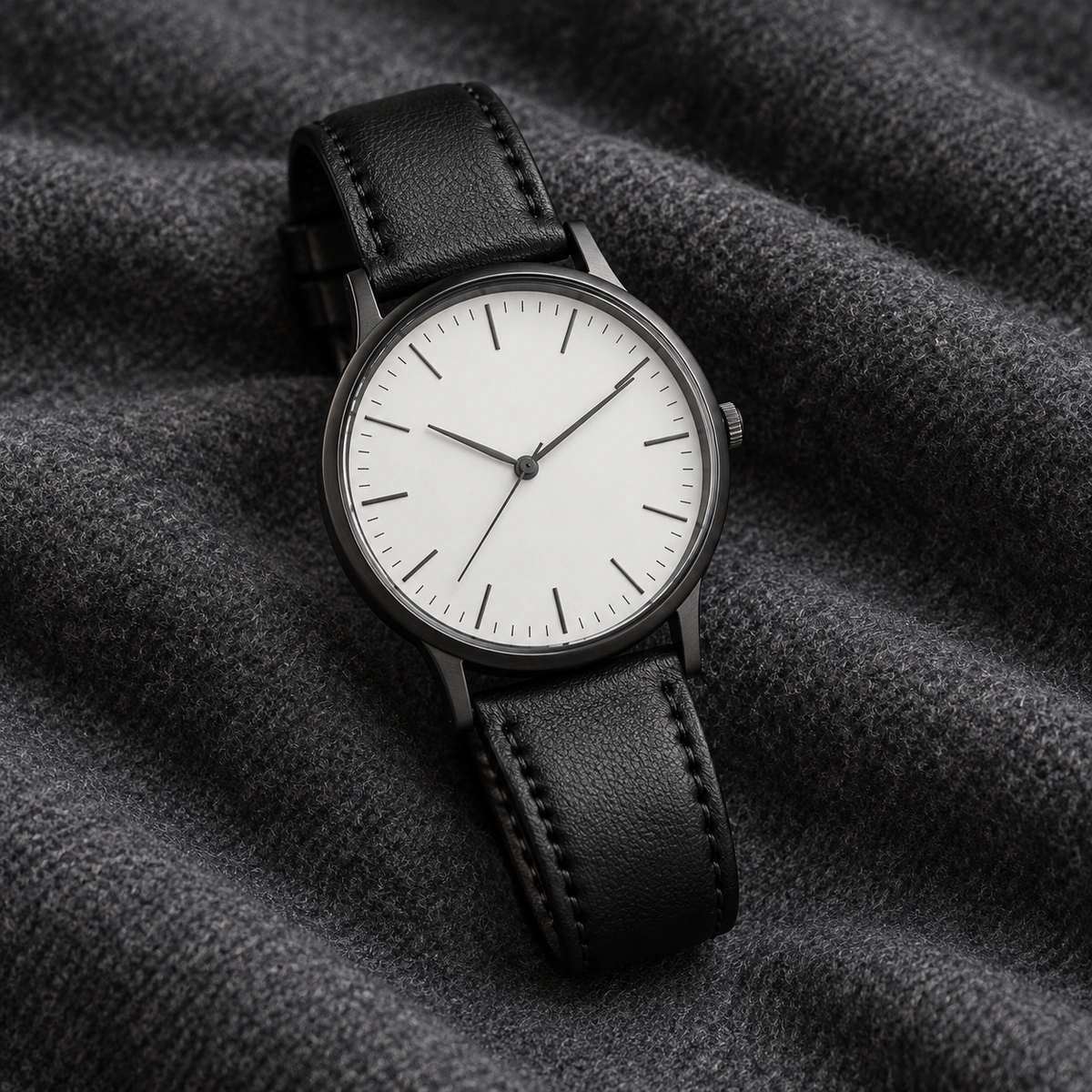 Minimalistisch herenhorloge met zwarte leren band op donkergrijze wollen stof