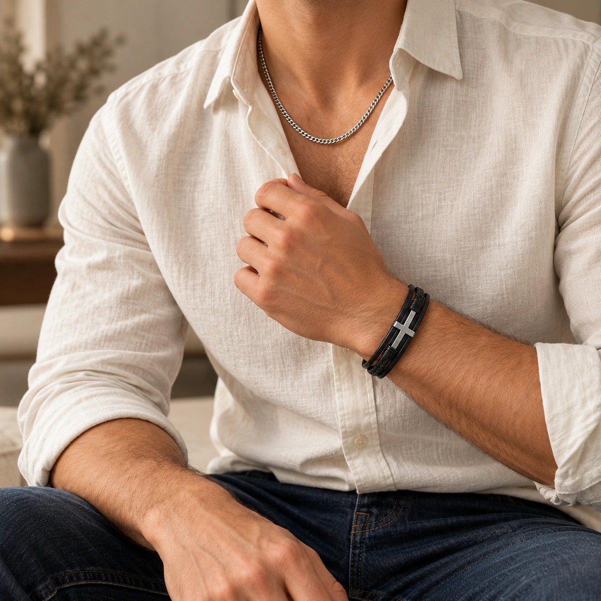 Man in een licht overhemd met een zilverkleurige schakelketting en zwarte leren armband