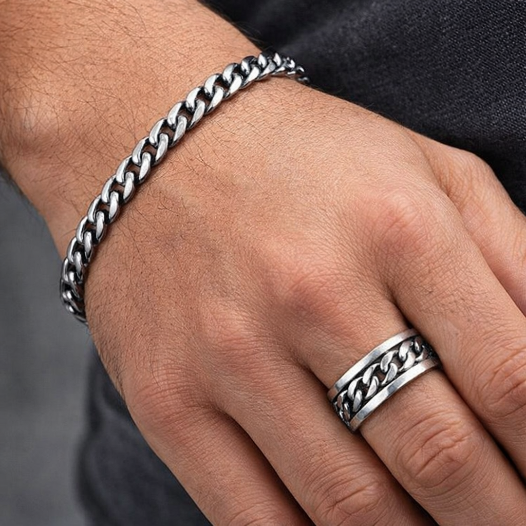 Stalen herensieraden van edelstaal met schakelarmband en ring