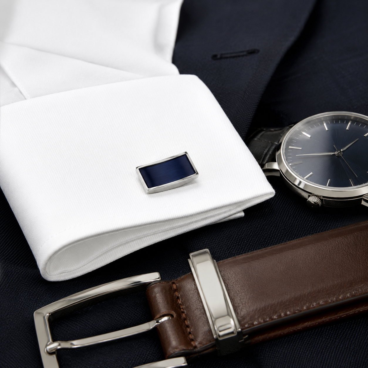 Herenaccessoires met manchetknopen horloge en leren riem voor formele styling