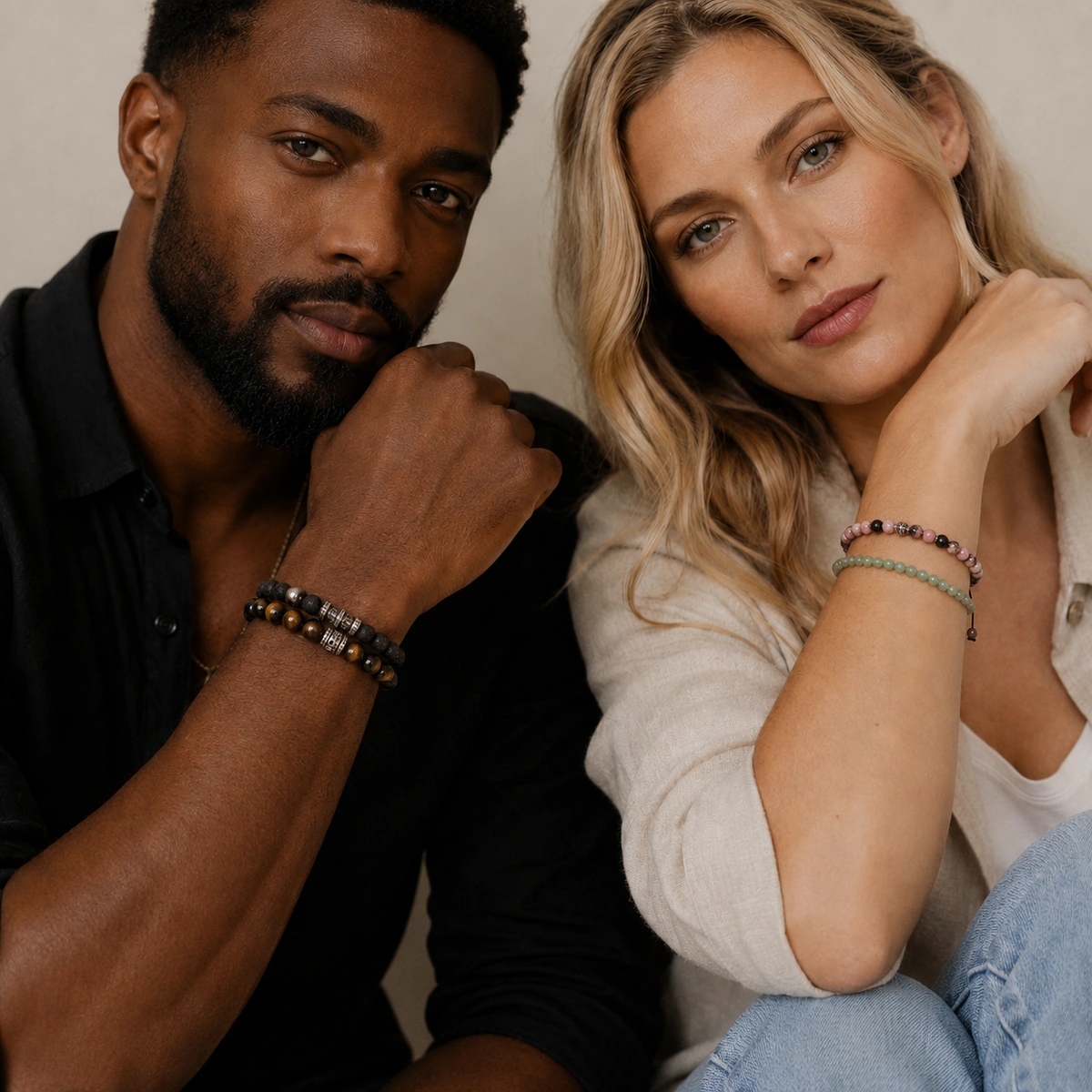 Model met Memphis natuursteen armbanden in zwarte, bruine en warme steentinten