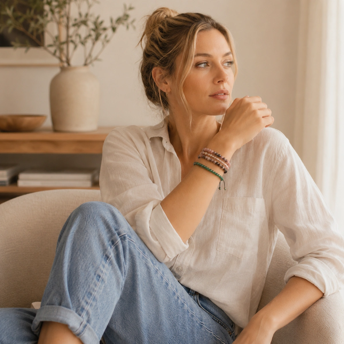 Model draagt Memphis Stones armbanden gecombineerd met een casual outfit