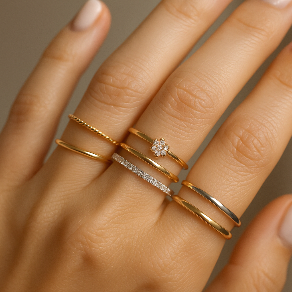 Subtiele ringstack met minimalistische bandjes en kleine zirkonia