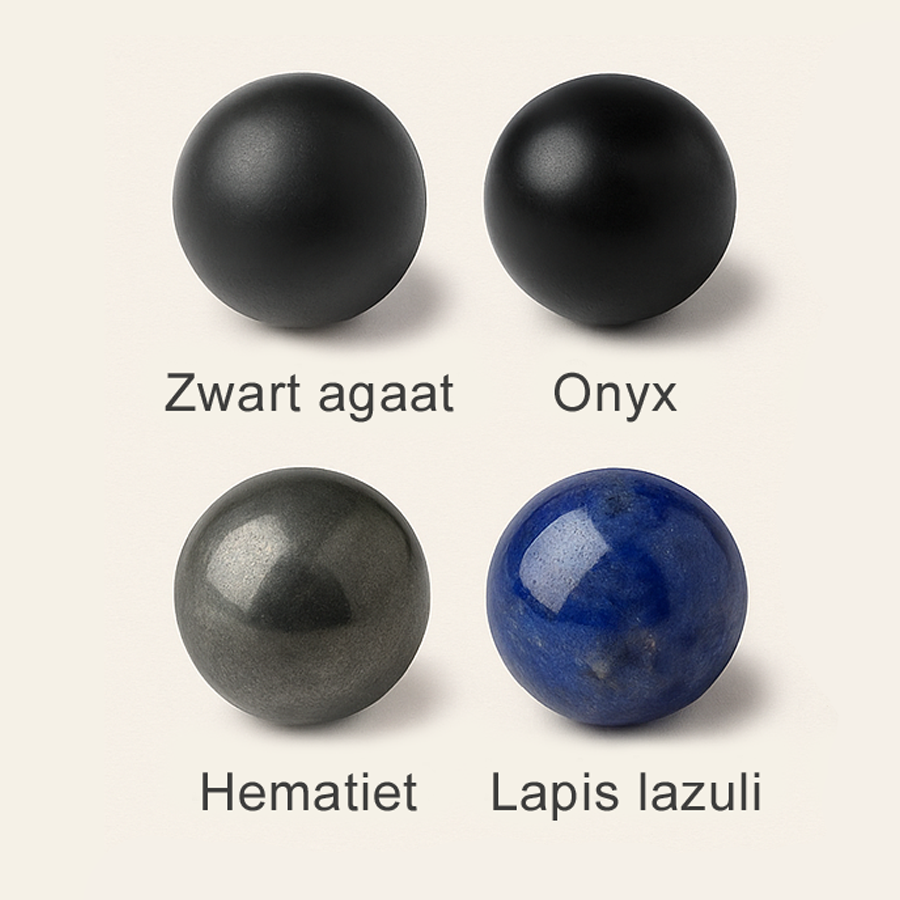 Zwart agaat, onyx, hematiet en lapis lazuli – close-up kralen