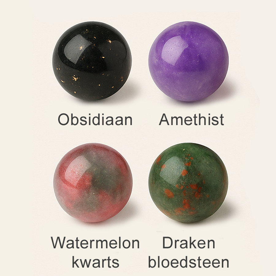 Obsidiaan, amethist, watermelon kwarts en draken bloedsteen – detail