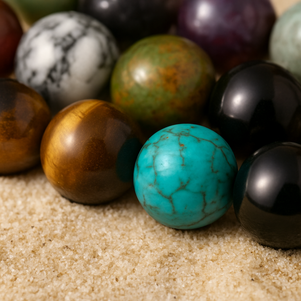 Compositie met populaire natuursteenkralen in warme en koele tinten