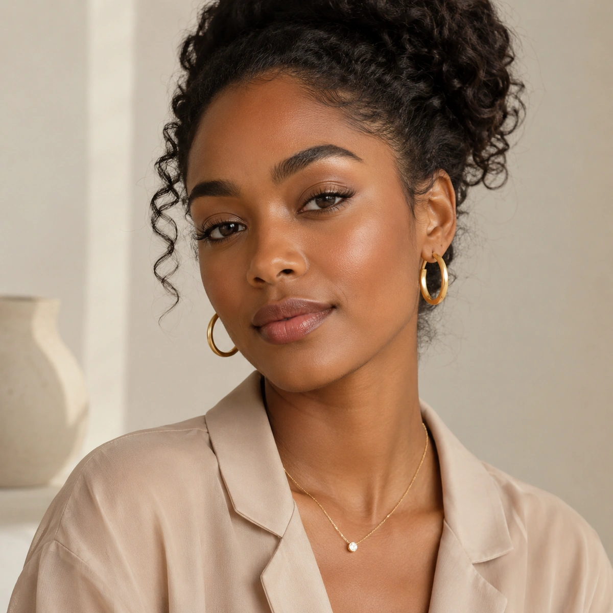 vrouw draagt goudkleurige oorringen met een minimalistische ketting en zachte neutrale outfit