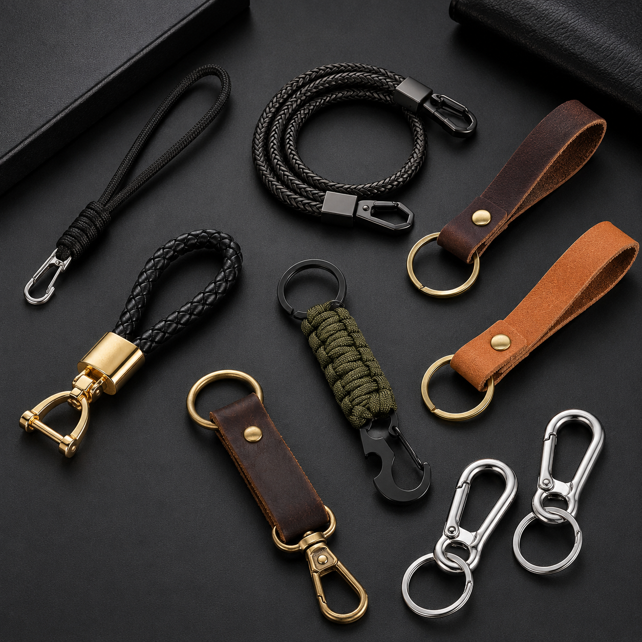 Detail van paracord, leer en metalen sluitingen voor heren sleutelhangers