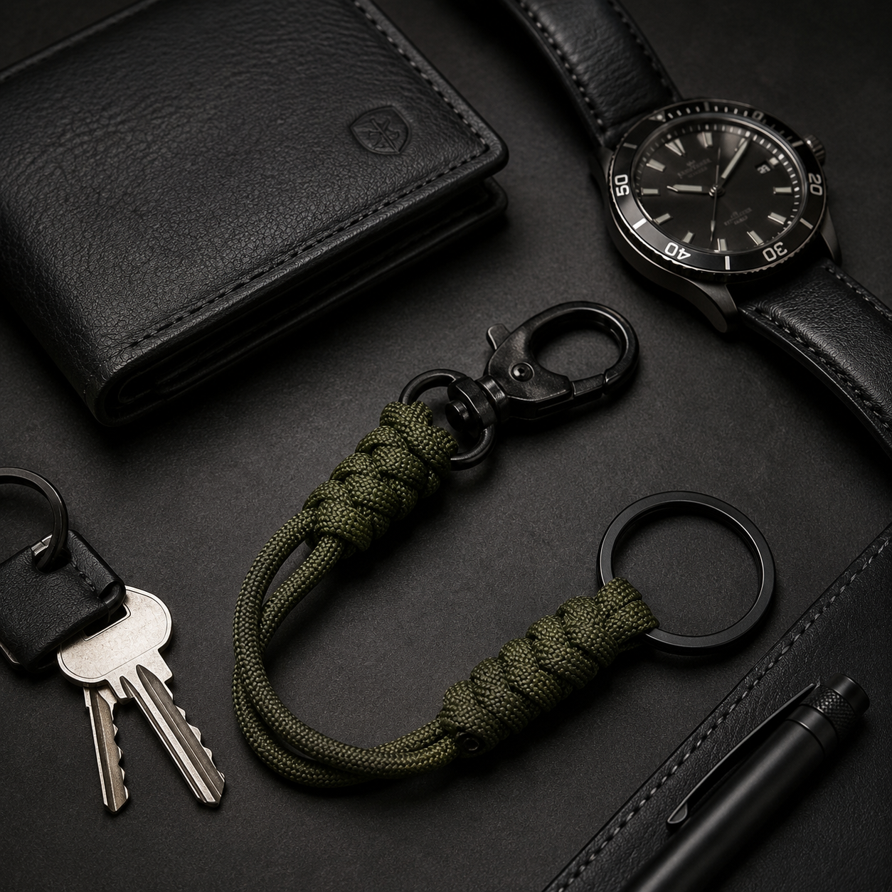 Combinatie van heren sleutelhanger met portemonnee, horloge en dagelijkse accessoires