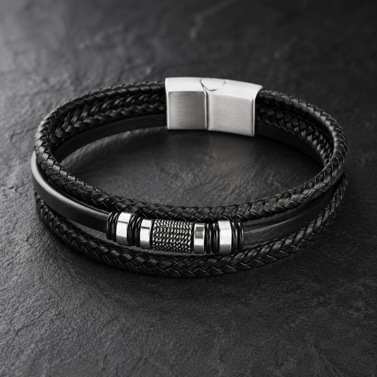 zwarte leren herenarmband met edelstalen sluiting op donkere matte ondergrond