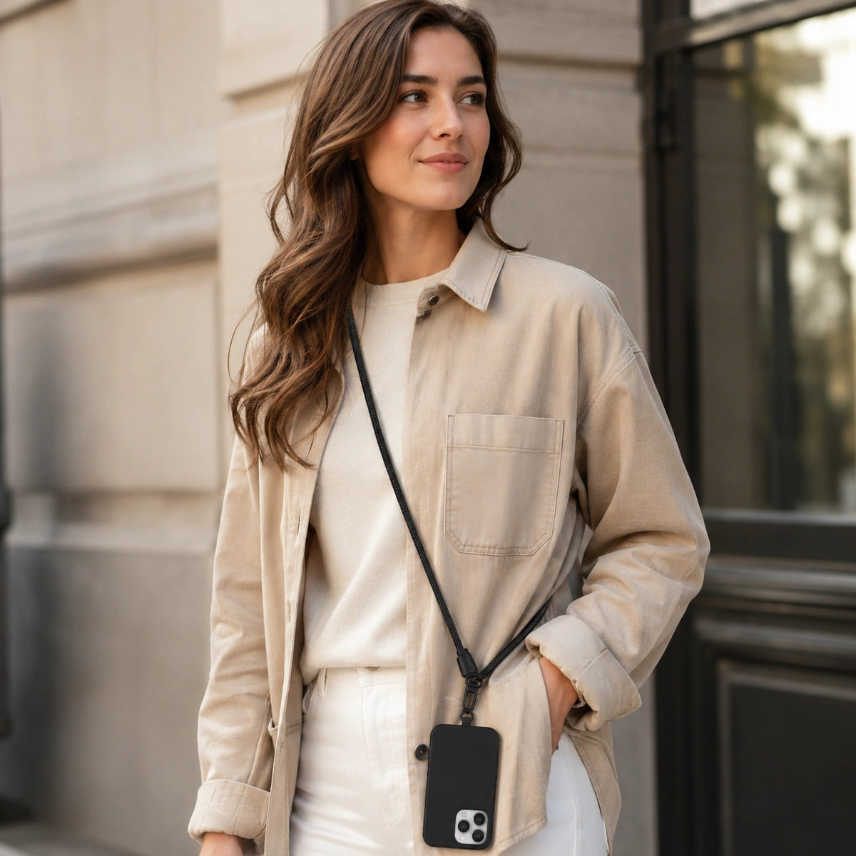 model met zwart telefoonkoord crossbody aan een telefoonhoesje tijdens een dag onderweg