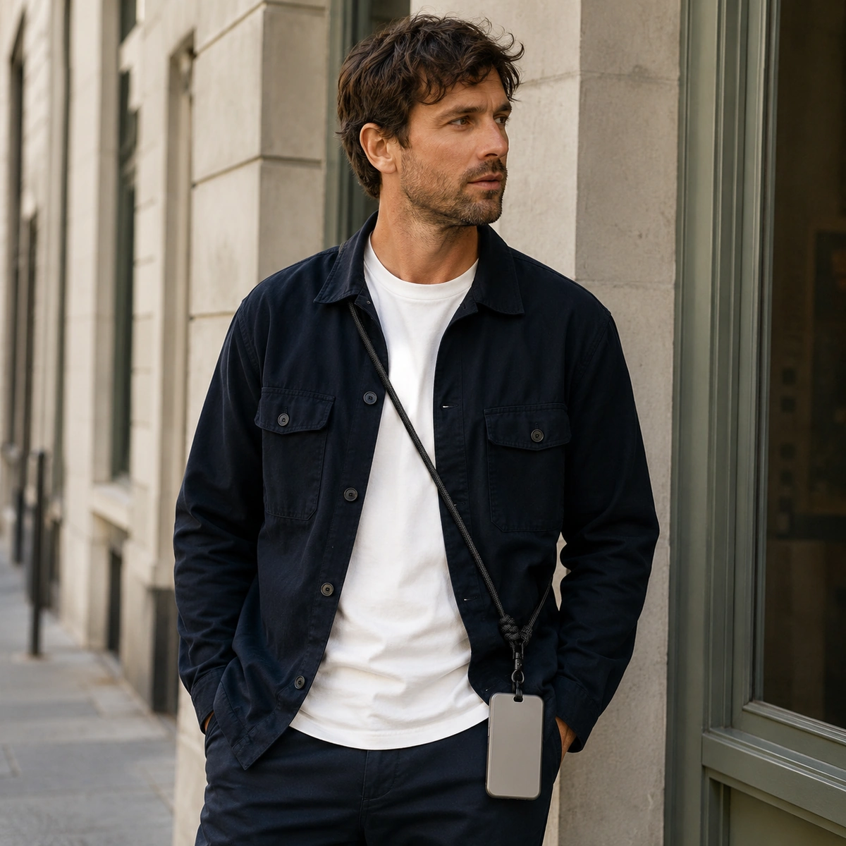 man draagt zwart telefoonkoord crossbody bij een casual outfit
