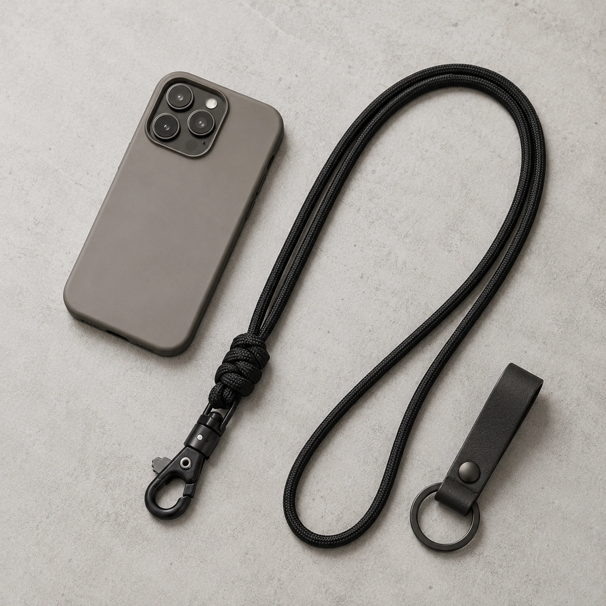 heren telefoonkoord met telefoonhoesje en sleutelhanger op lichte betonnen achtergrond