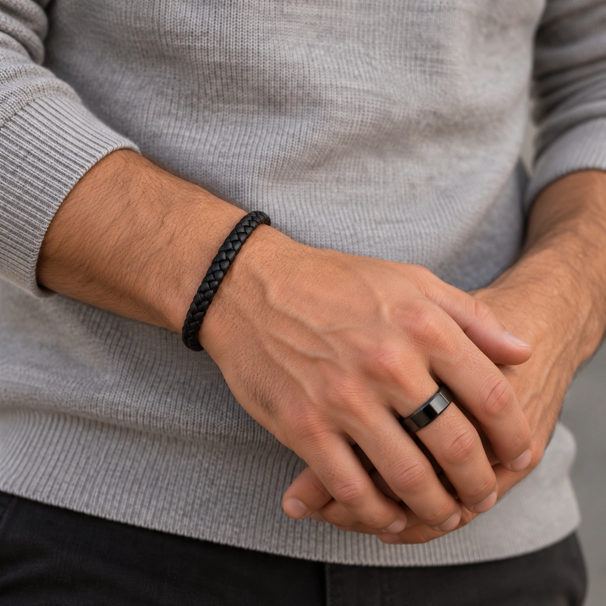 Man in een lichtgrijze trui met een zwarte leren armband en een zwarte ring