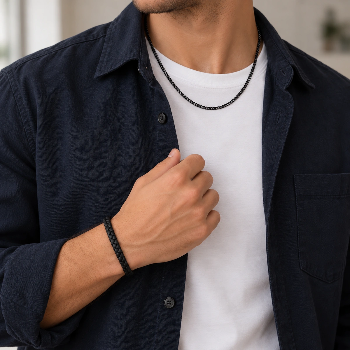 Man in een donker overshirt en wit T-shirt met een zwarte schakelketting en leren armband