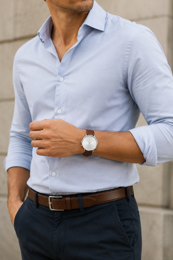 Heren Horloge met bruine leren band gedragen bij zakelijke casual stijl