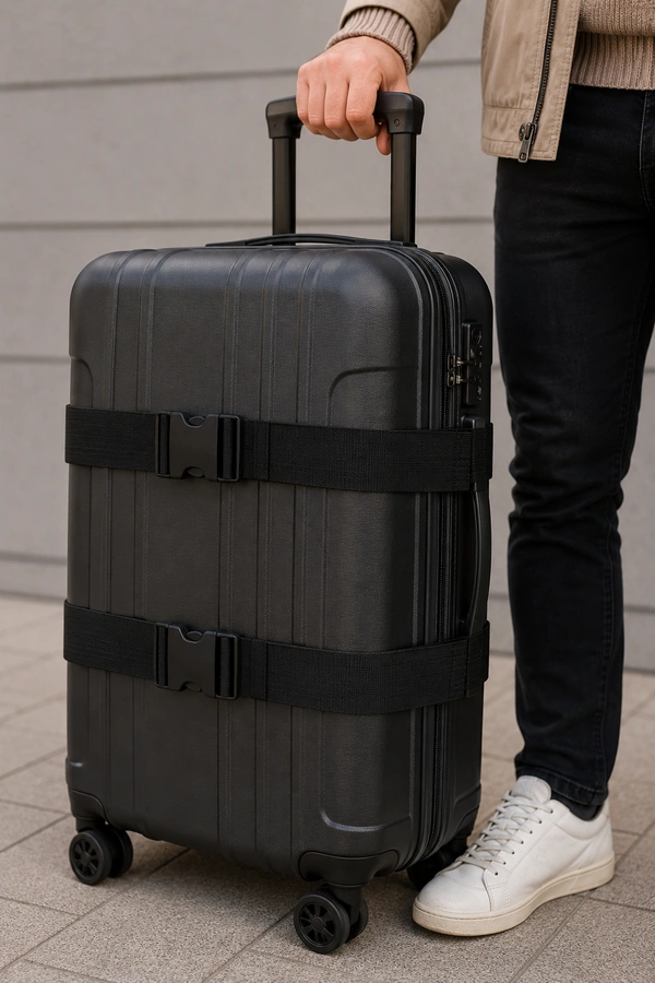 Man met zwarte Kofferriem rond koffer als Reis Accessoire voor Heren