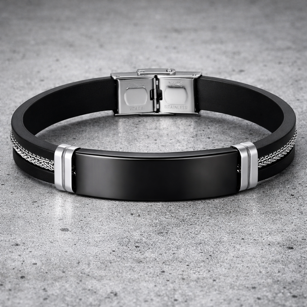 Rubberen Armbanden Heren met siliconen band en edelstaal details in zwart en zilverkleurig