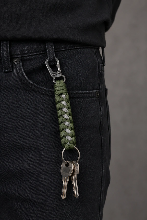 Man met groene en grijze paracord Sleutelhanger met ring en musketon