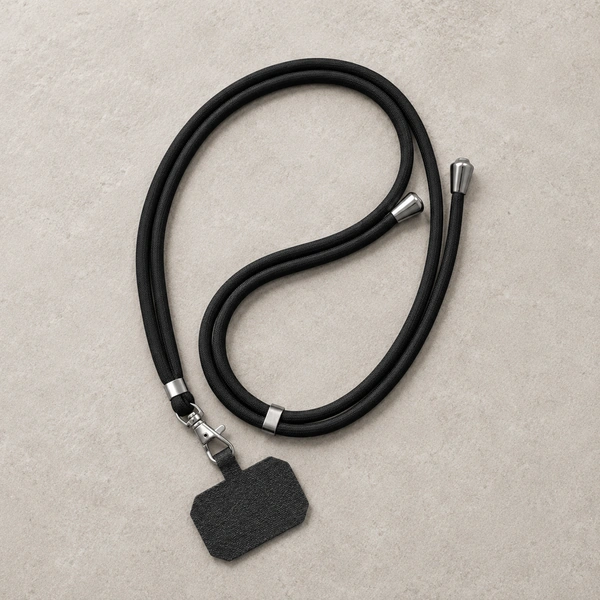 Zwarte telefoonpatch set voor Heren met zilverkleurig metalen ringetje op neutrale achtergrond
