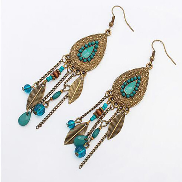 Boho Oorhangers Drop Leaf Turquoise Beads huismerk kopen in de aanbieding