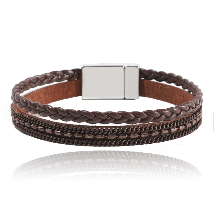 Bruine dames armband gevlochten leer met magneetsluiting afbeelding