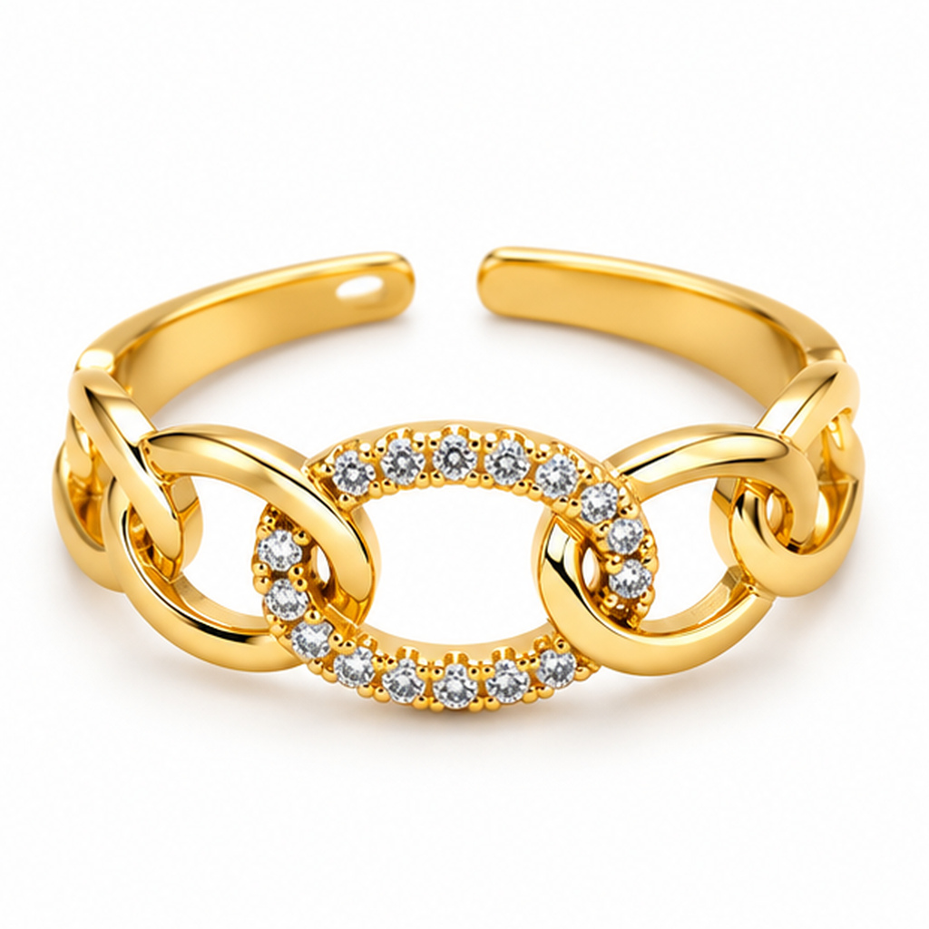 Cilla Jewels Goudkleurige Verstelbare Damesring met Ovale Schakels en Witte Zirkonia
