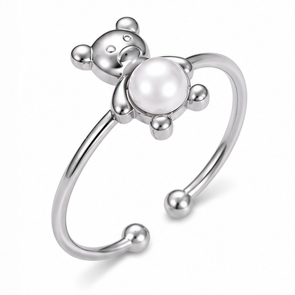 Cilla Jewels Zilverkleurige Verstelbare Damesring met Beermotief en Witte Parel