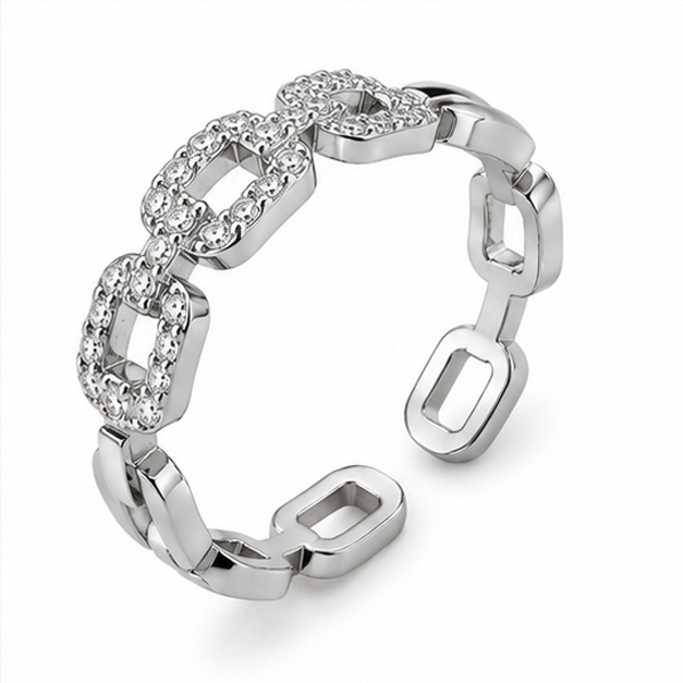 Cilla Jewels Zilverkleurige Verstelbare Damesring met Rechthoekige Schakels en Witte Zirkonia