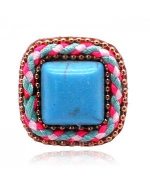 Handgemaakte verstelbare vierkante multicolor ring van leer met touw en turkoois