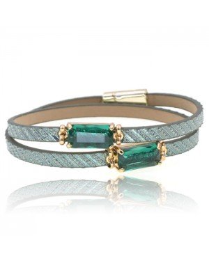 Leren Boho stijl dames armband in groen en goud met 2 glasstenen
