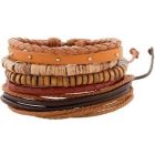 Leren armbanden set met houten kralen bruin