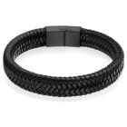 Gevlochten Leren Armband Heren Edelstaal Sluiting Zwart
