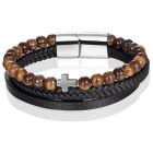 Heren armband Memphis Tijgeroog kraal gevlochten leer Kruis Zilverkleurig Bruin Zwart