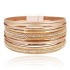 Leren goudkleurige multilayer dames armband met magneetsluiting en steentjes
