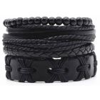 Leren armbanden set met houten kralen zwart