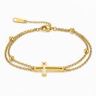 LGT JWLS Goudkleurige Damesarmband van Edelstaal met Dubbele Ketting en Kruis