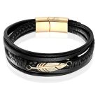 Mendes Jewelry Heren Armband - Stoer Zwart Leder met Bladvormige Stalen Bedel - Goud