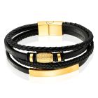 Mendes Jewelry Heren Armband van Roestvrijstaal en Echt Leder - Luxe Zwart met Gouden Elementen