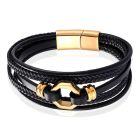 Mendes Jewelry Heren Armband van Roestvrijstaal en Echt Leder - Stijlvol Zwart met Gouden Achtkant