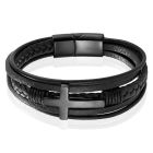 Mendes Jewelry Roestvrijstalen en Echt Lederen Heren Armband met Groot Kruis in Zwart 
