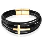 Mendes Jewelry Roestvrijstalen en Echt Lederen Heren Armband met Groot Kruis in Zwart en Goud